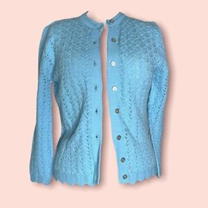 Vintage 70s Blue Button-Up Open Cardigan with Scalloped Edges